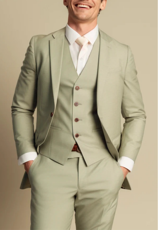 Luxury Italian Fabric 3-Piece Suit for Men | Sage Green |Wedding, Party & Formal Wear