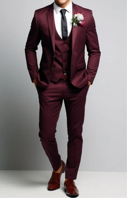 Italian Fabric 3-Piece Suit  Men | Dawn Wine |Wedding, Party & Formal Wear