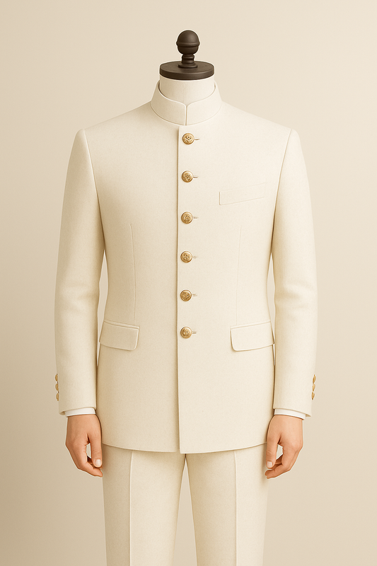 Regal Ivory Jodhpuri Suit with Six Golden Buttons – A Timeless Royal Ensemble