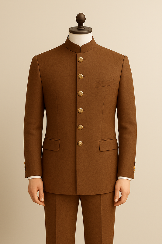 Regal Tan Jodhpuri Suit with Six Golden Buttons – A Timeless Royal Ensemble