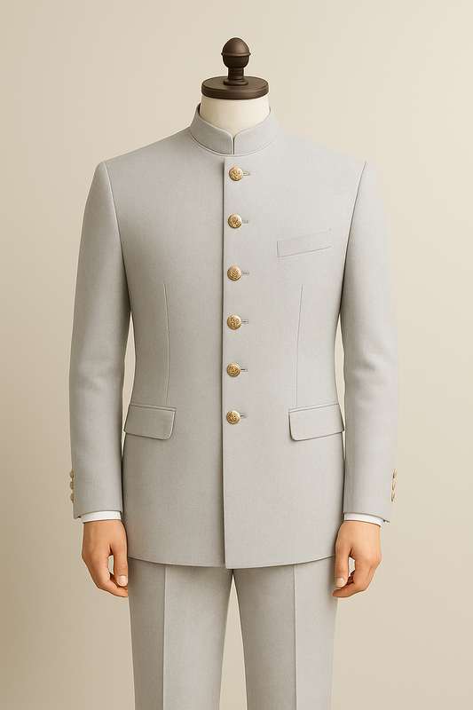 Regal Gray Jodhpuri Suit with Six Golden Buttons – A Timeless Royal Ensemble