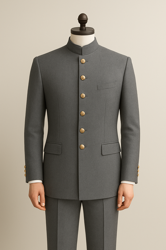 Regal Carbon Grey Jodhpuri Suit with Six Golden Buttons – A Timeless Royal Ensemble