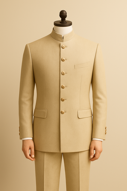 Regal Beige Jodhpuri Suit with Six Golden Buttons – A Timeless Royal Ensemble