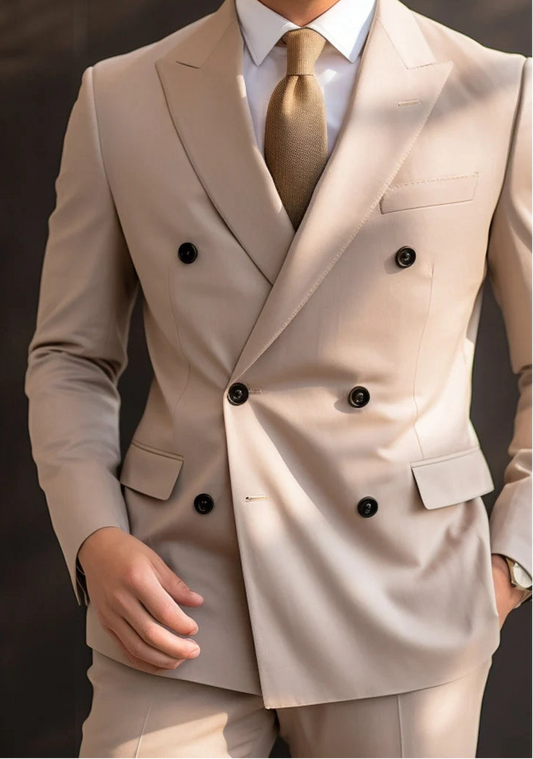 Luxury Italian Fabric Double Breasted Suit for Men |Beige| Wedding, Party wear; Formal Wear