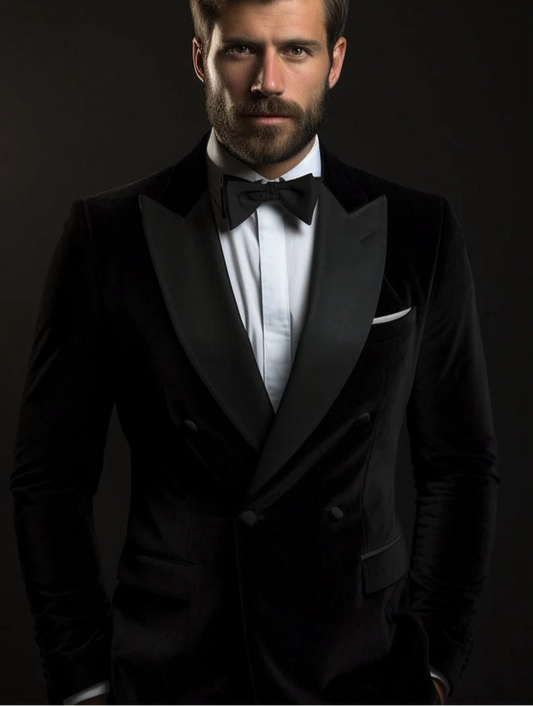 Luxury Velvet Fabric Double Breasted Suit for Men | Ultimo Black| Wedding, Party wear; Formal Wear