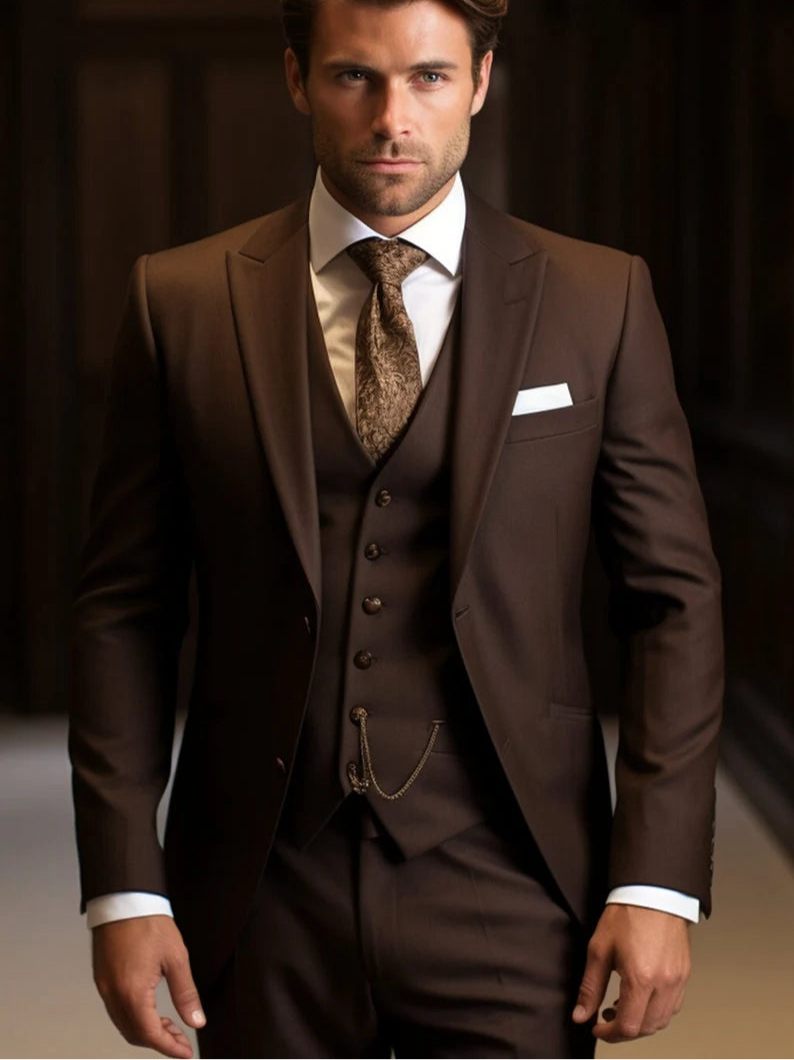Feel The Luxury Italian Fabric 3-Piece Suit for Men| Majestic Brown| Wedding, Party & Formal Wear