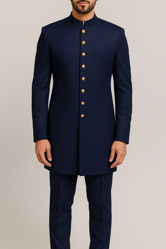 Navy blue Indo-Western Ensemble vs Golden Accents – A Blend of Heritage and Modern Elegance