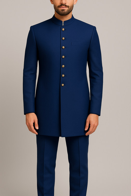 Royal Blue Indo-Western Ensemble with Golden Accents – A Blend of Heritage and Modern Elegance