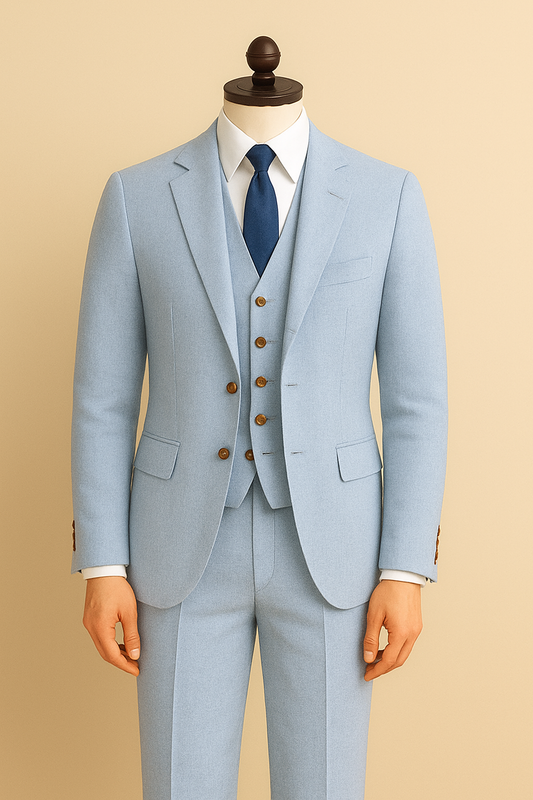 Sky-Blue-Linen 3-Piece Suit – Elegant Comfort in Every Thread