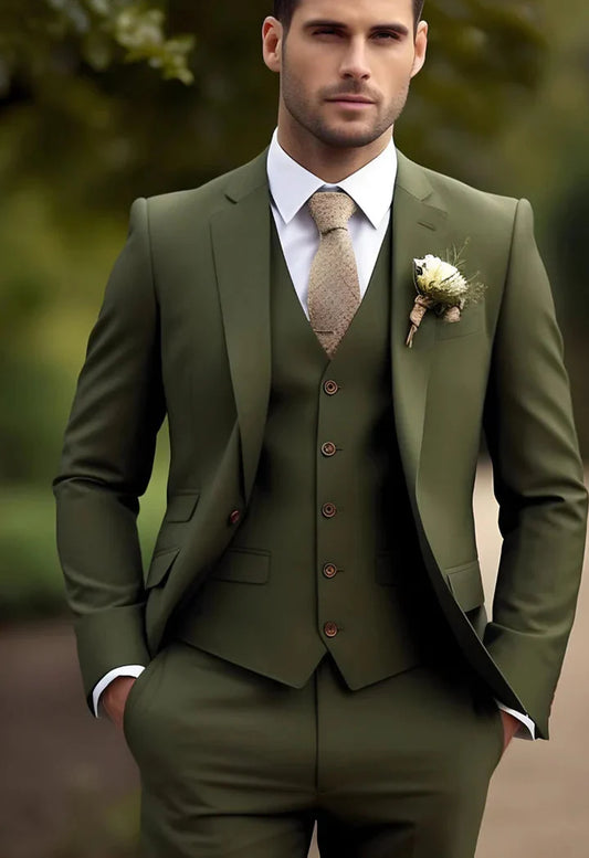 Elegant Khaki Green 3-Piece Suit/Tailored Fit