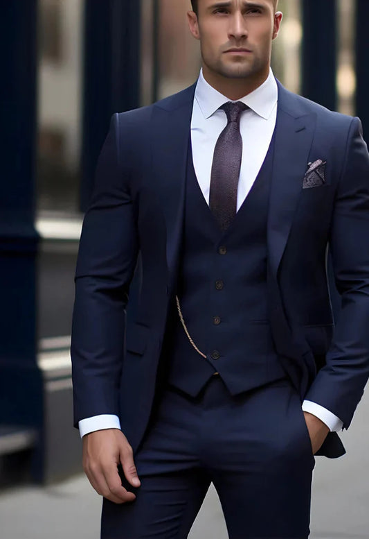 Elegant Navy Blue 3-Piece Suit/Tailored Fit