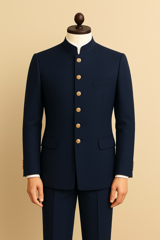 Regal Navy Blue Jodhpuri Suit with Six Golden Buttons – A Timeless Royal Ensemble