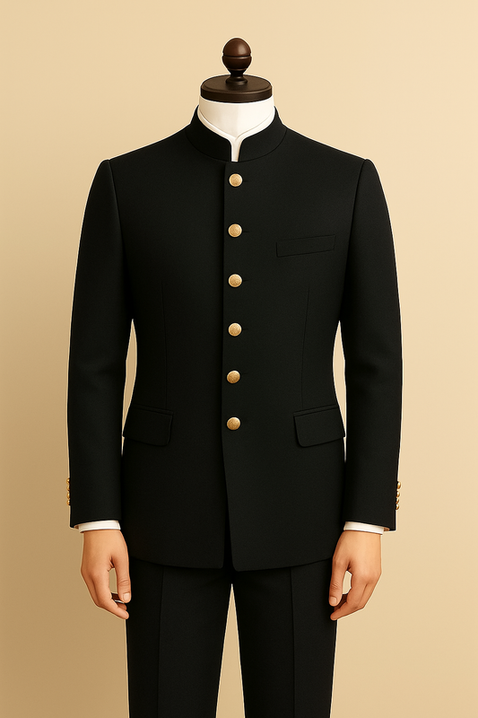 Regal Black Jodhpuri Suit with Six Golden Buttons – A Timeless Royal Ensemble
