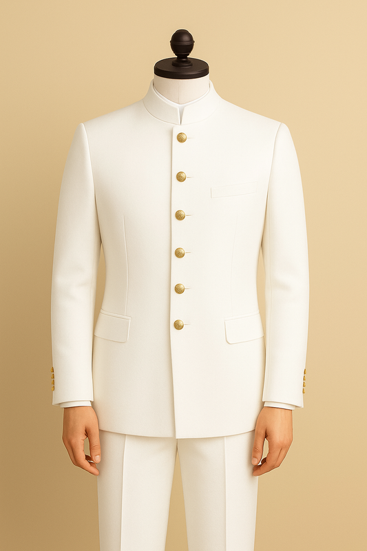 Regal White Jodhpuri Suit with Six Golden Buttons – A Timeless Royal Ensemble