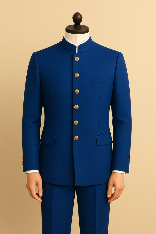 Regal Blue Jodhpuri Suit with Six Golden Buttons – A Timeless Royal Ensemble
