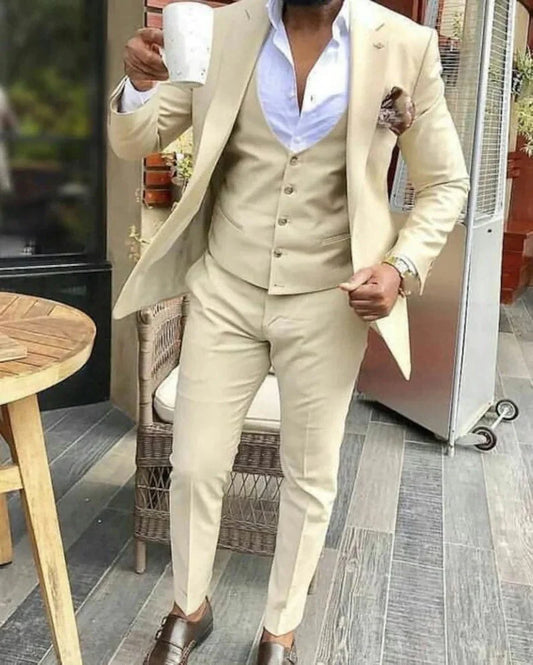 Luxury Italian Fabric 3-Piece Suit for Men | Beige  |Wedding, Party & Formal Wear