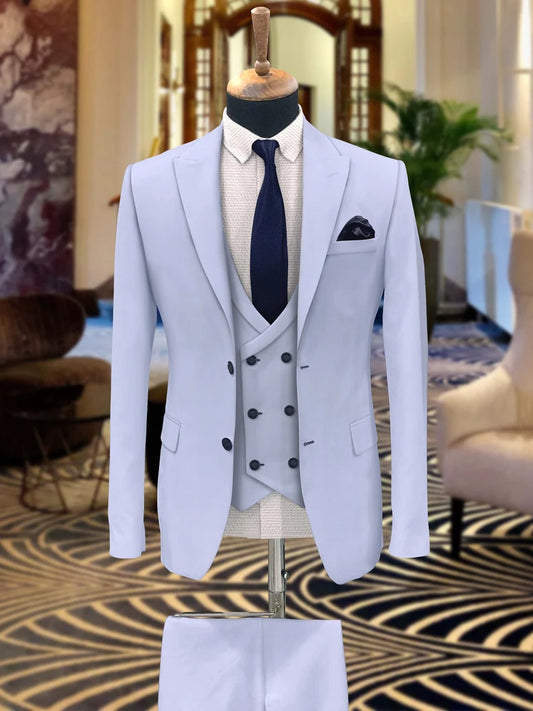 Luxury Italian Fabric 3-Piece Suit for Men |Light Sky |Wedding, Party & Formal Wear