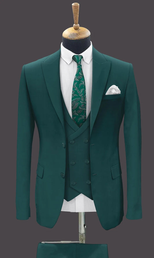 Luxury Italian Fabric 3-Piece Suit for Men | Teal Green |Wedding, Party & Formal Wear