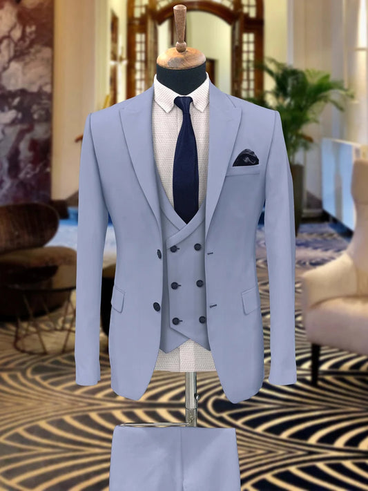 Luxury Italian Fabric 3-Piece Suit  Men |Light Sky |Wedding, Party & Formal Wear
