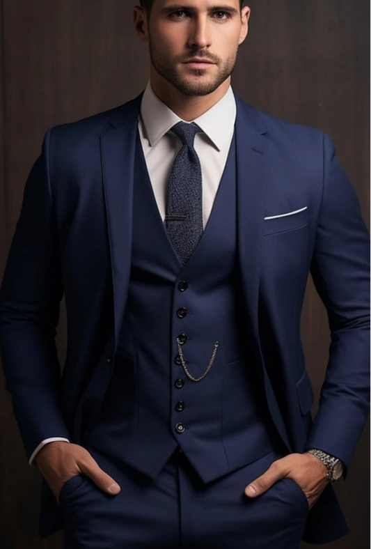 The Luxury Italian Fabric 3-Piece Suit for Men| Midnight Blue | Wedding, Party & Formal Wear
